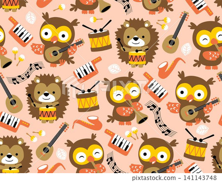 Seamless pattern vector of funny animals cartoon with musical instruments, owl and hedgehog play music 141143748