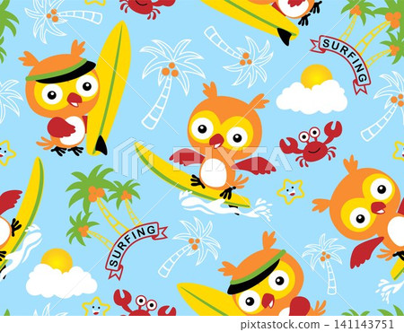 Seamless pattern vector of cute owl surfing in the beach with crab and starfish, beach summer elements cartoon. Seamless pattern vector of cute owl surfing in the beach with crab and starfish, beach summer elements cartoon. 141143751