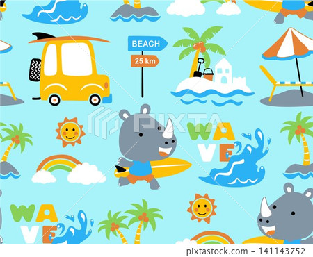Seamless pattern vector of cute rhino surfing in the beach, summer beach vacation elements cartoon Seamless pattern vector of cute rhino surfing in the beach, summer beach vacation elements cartoon 141143752