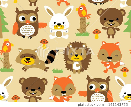 Seamless pattern vector of cute woods animals cartoon Seamless pattern vector of cute woods animals cartoon 141143753