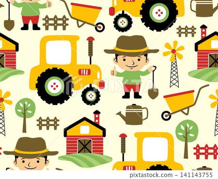 Seamless pattern vector of farmfield elements cartoon, little farmer holding shovel Seamless pattern vector of farmfield elements cartoon, little farmer holding shovel 141143755
