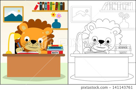 Coloring book or page with cute lion cartoon studying on table in classroom 141143761