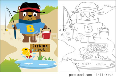 Coloring book or page with funny bear cartoon going to fishing Coloring book or page with funny bear cartoon going to fishing 141143798
