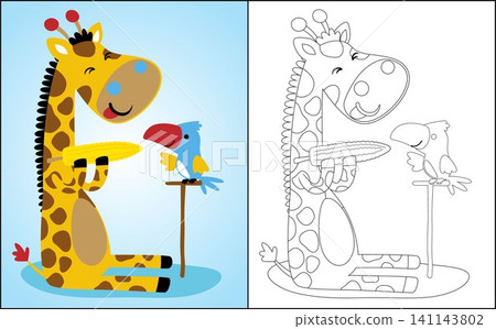 Coloring book or page of cute animals, giraffe sitting while holding corn with a little bird Coloring book or page of cute animals, giraffe sitting while holding corn with a little bird 141143802