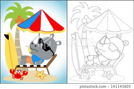 Coloring book or page, funny rhino cartoon lying on beach chairs, relaxing under coconut tree with crab and starfish Coloring book or page, funny rhino cartoon lying on beach chairs, relaxing under coconut tree with crab and starfish 141143805