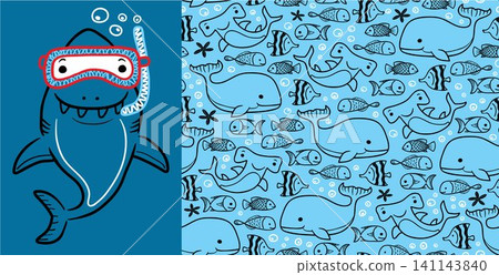 Seamless pattern vector of marine animals cartoon with funny shark wearing diving goggles Seamless pattern vector of marine animals cartoon with funny shark wearing diving goggles 141143840