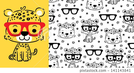 Seamless pattern vector of cute cat cartoon with eyeglasses, animals trail Seamless pattern vector of cute cat cartoon with eyeglasses, animals trail 141143841