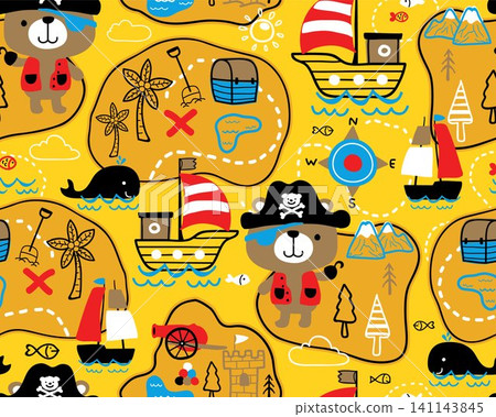 Seamless pattern vector of pirate elements cartoon. Cute bear in pirate costume with sailing equipment Seamless pattern vector of pirate elements cartoon. Cute bear in pirate costume with sailing equipment 141143845