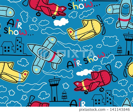 Seamless pattern vector of air transportations cartoon, airport and clouds in hand drawn style Seamless pattern vector of air transportations cartoon, airport and clouds in hand drawn style 141143846