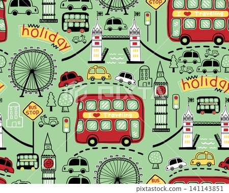 Seamless pattern vector with London city elements cartoon Seamless pattern vector with London city elements cartoon 141143851