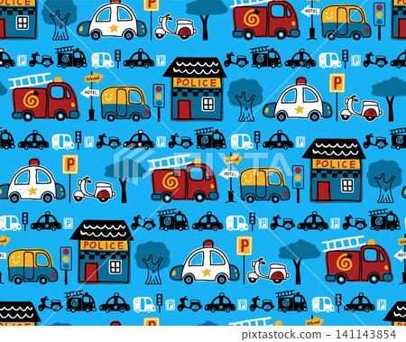 Seamless pattern vector of rescue vehicles cartoon, traffic signs, police station 141143854