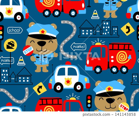seamless pattern vector of vehicles cartoon with funny bear in police costume seamless pattern vector of vehicles cartoon with funny bear in police costume 141143858