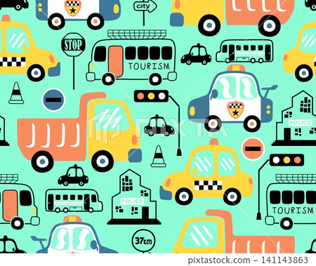 Seamless pattern vector of vehicles cartoon, traffic signs and buildings Seamless pattern vector of vehicles cartoon, traffic signs and buildings 141143863