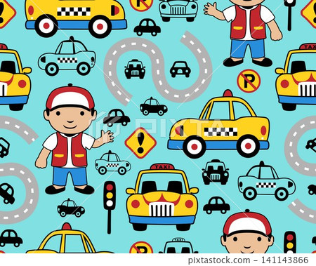Seamless pattern vector of vehicles cartoon with funny taxi driver. Traffic elements cartoon Seamless pattern vector of vehicles cartoon with funny taxi driver. Traffic elements cartoon 141143866