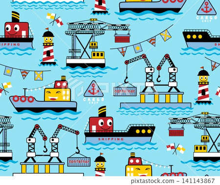 Seamless pattern vector of funny ships cartoon in the busy port. Port elements cartoon Seamless pattern vector of funny ships cartoon in the busy port. Port elements cartoon 141143867