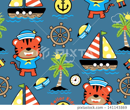 Seamless pattern vector of sailing elements cartoon. Funny tiger in sailor costume Seamless pattern vector of sailing elements cartoon. Funny tiger in sailor costume 141143869