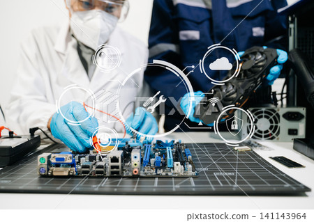 The technician is putting the CPU on the socket of the computer motherboard. electronic engineering electronic repair, electronics measuring The technician is putting the CPU on the socket of the computer motherboard. electronic engineering electronic repair, electronics measuring 141143964