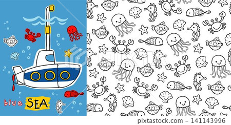 Hand drawn submarine cartoon with marine animals seamless pattern vector Hand drawn submarine cartoon with marine animals seamless pattern vector 141143996