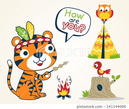 Cartoon tiger wearing feather headdress, roasting meat with it birds friends, Indian tribe elements Cartoon tiger wearing feather headdress, roasting meat with it birds friends, Indian tribe elements 141144000