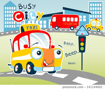 Funny vehicles cartoon in the street on buildings background 141144001