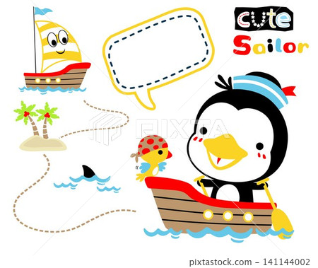 Funny birds wearing sailor hat on boat, sailing elements cartoon Funny birds wearing sailor hat on boat, sailing elements cartoon 141144002