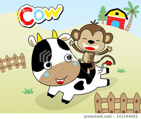 Vector cartoon of funny monkey riding on cows back in farmyard Vector cartoon of funny monkey riding on cows back in farmyard 141144003