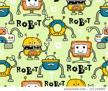 Seamless pattern vector of hand drawn robots cartoon with nuts and bolts 141144005
