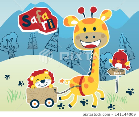 Vector illustration of funny giraffe pulling lion on cart in forest, little bird perch on signpost Vector illustration of funny giraffe pulling lion on cart in forest, little bird perch on signpost 141144009