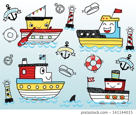 Vector illustration of hand drawn funny boat cartoon with sailing elements cartoon Vector illustration of hand drawn funny boat cartoon with sailing elements cartoon 141144015