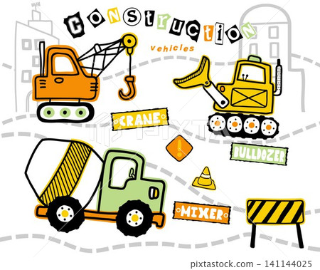 Vector illustration of hand drawn construction vehicles cartoon, construction element cartoon Vector illustration of hand drawn construction vehicles cartoon, construction element cartoon 141144025