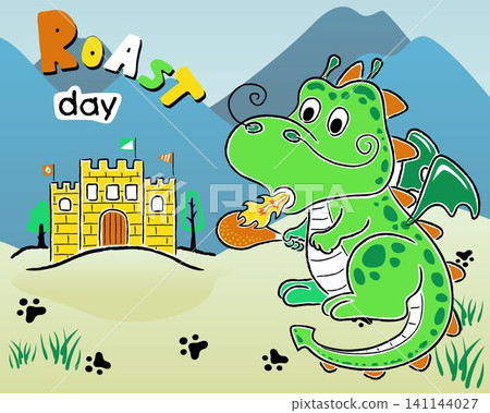 Vector illustration of hand drawn dragon cartoon roasting meat with breathing fire, fairytale element cartoon Vector illustration of hand drawn dragon cartoon roasting meat with breathing fire, fairytale element cartoon 141144027