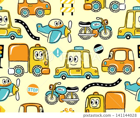 Seamless pattern vector of hand drawn funny vehicles with traffic signs Seamless pattern vector of hand drawn funny vehicles with traffic signs 141144028