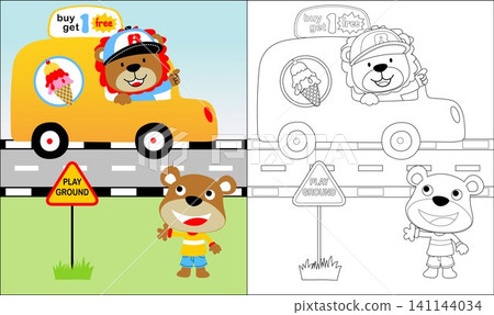 Vector illustration of cute lion on ice cream seller car with little bear, coloring book or page Vector illustration of cute lion on ice cream seller car with little bear, coloring book or page 141144034