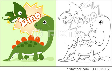 Coloring book or page of cute dinosaurs cartoon Coloring book or page of cute dinosaurs cartoon 141144037