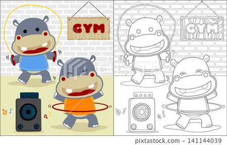 Vector cartoon of two funny hippo exercising in gym, coloring book or page 141144039