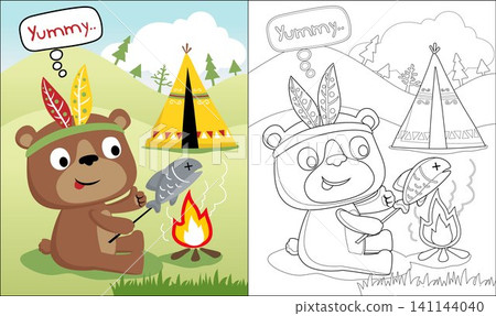Vector illustration of cute bear roasting fish, Indian tribe element, coloring book or page Vector illustration of cute bear roasting fish, Indian tribe element, coloring book or page 141144040