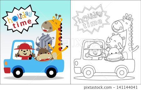 Group of funny animals cartoon on vehicle, coloring book or page 141144041