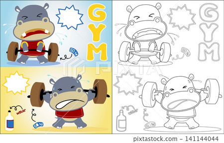 Vector illustration of funny hippo cartoon lift dumbbell , coloring book or page Vector illustration of funny hippo cartoon lift dumbbell , coloring book or page 141144044