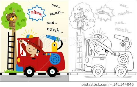 Vector illustration of fireman cartoon help a cat on tree, coloring book or page 141144046