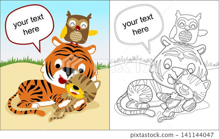 Vector illustration of funny animals cartoon playing, coloring book or page Vector illustration of funny animals cartoon playing, coloring book or page 141144047