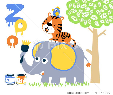 Vector illustration of cute elephant painting "zoo" word, bird and tiger on elephant Vector illustration of cute elephant painting "zoo" word, bird and tiger on elephant 141144049