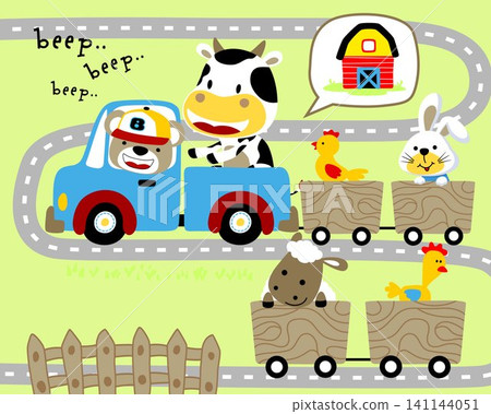 Vector cartoon of cute bear driving car pulling farm animals on cart Vector cartoon of cute bear driving car pulling farm animals on cart 141144051