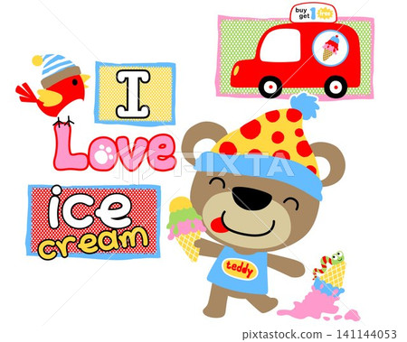 Teddy bear cartoon holding ice cream with bird and caterpillar, ice cream car seller Teddy bear cartoon holding ice cream with bird and caterpillar, ice cream car seller 141144053