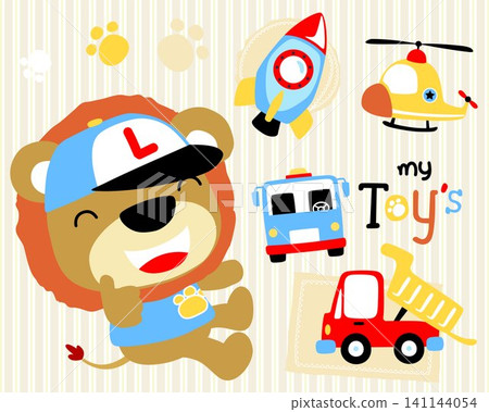 Cute lion cartoon with it toys on striped background Cute lion cartoon with it toys on striped background 141144054