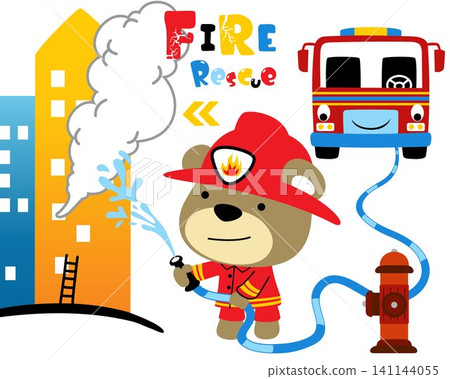 Vector illustration of cute bear in fireman uniform spray water into burning buildings, smiling fire truck Vector illustration of cute bear in fireman uniform spray water into burning buildings, smiling fire truck 141144055
