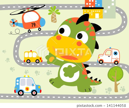Funny giant monster cartoon in city road with vehicles 141144058