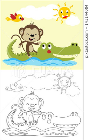 Coloring book or page with funny animals cartoon, monkey ride on crocodile in river at summer Coloring book or page with funny animals cartoon, monkey ride on crocodile in river at summer 141144084