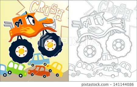 Coloring book or page with monster truck cartoon, crushing cars Coloring book or page with monster truck cartoon, crushing cars 141144086