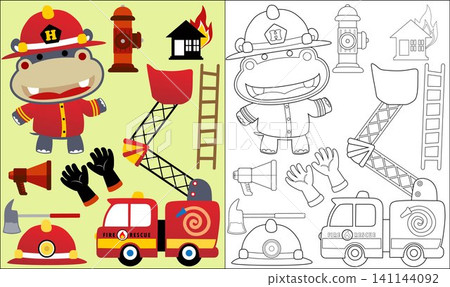 Coloring book or page of hippo cartoon the firefighter with fire rescue equipment Coloring book or page of hippo cartoon the firefighter with fire rescue equipment 141144092