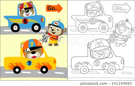 Coloring book or page of funny monkey holding finish flag, bear and tiger on racing car Coloring book or page of funny monkey holding finish flag, bear and tiger on racing car 141144093